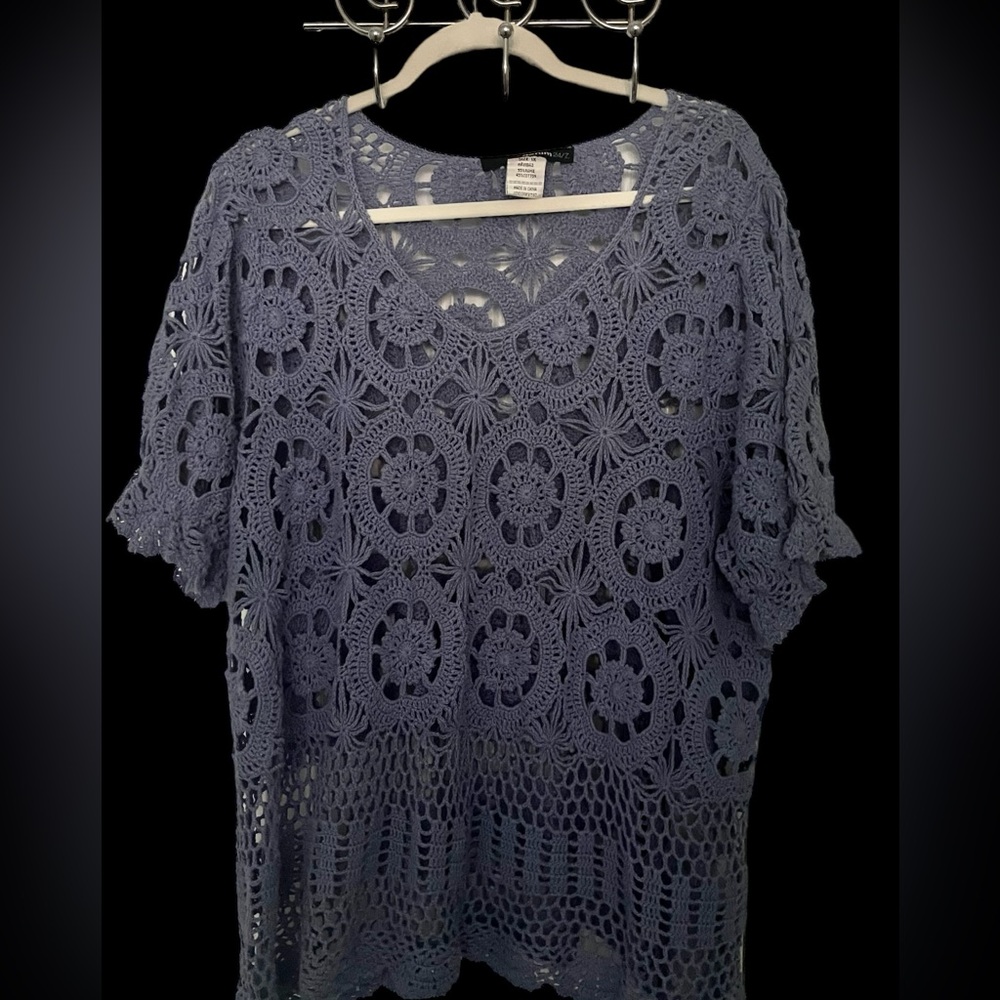 DENIM 24/7 WOMENS CROCHET SWEATER, SLATE BLUE, size 1X - Picture 3 of 7